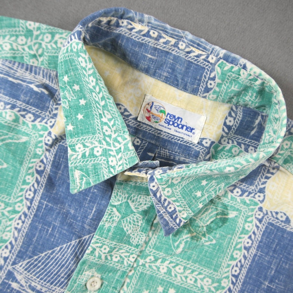Vintage 90s Reyn Spooner Nautical Patchwork Sailboat Print Men Shirt S Hawaiian